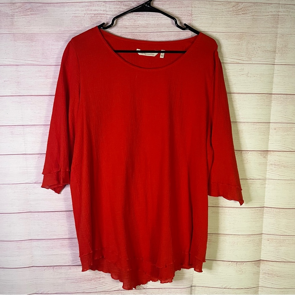 Soft Surroundings 100% Cotton Red Asymmetrical‎ Hem 3/4” Sleeves Size Large